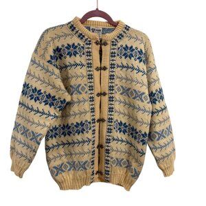 Vintage Voss Fair Isle Pewter Clasp Cardigan Blue Cream Sweater Norway